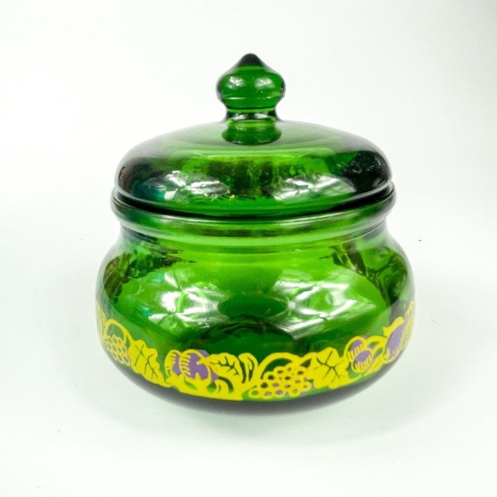 Emerald Green Glass Jam Jelly Jar Purple fruit design Belgium